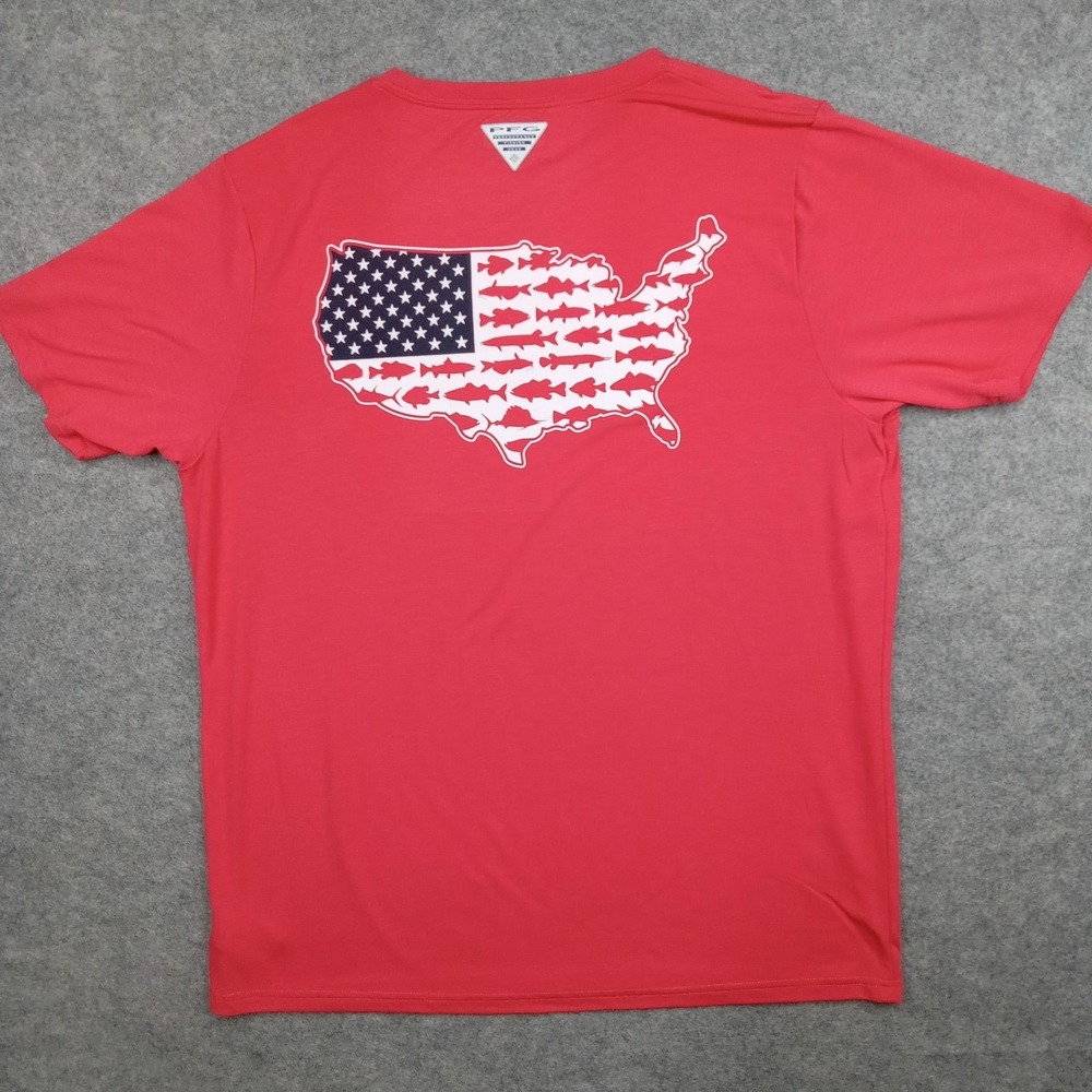 Columbia Shirt Mens Medium Red USA Flag Fish Graphic Tee PFG Fishing Outdoor